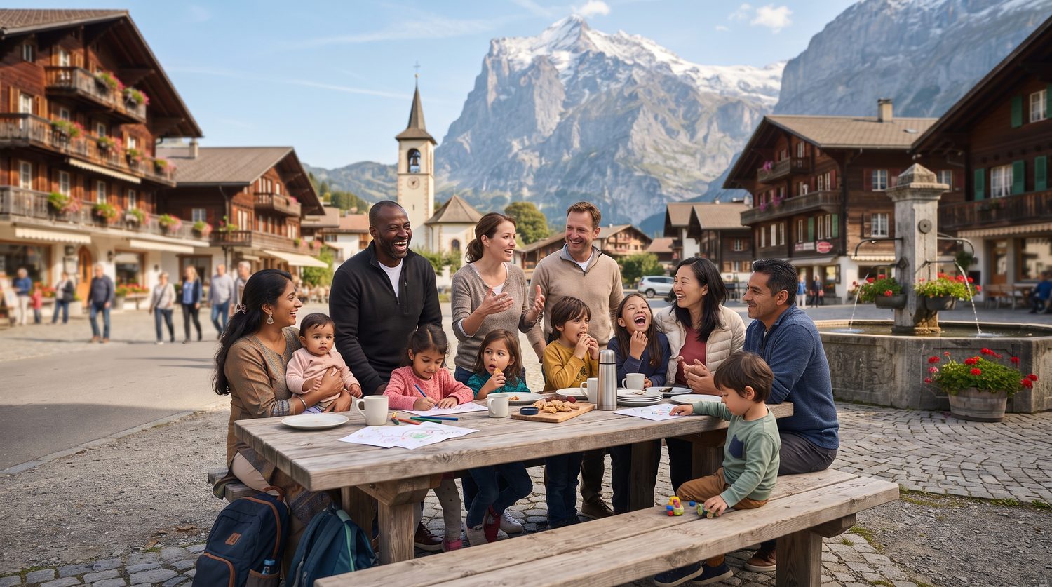 Des familles de tous horizons réunies autour d'une table sur la place d'un village suisse