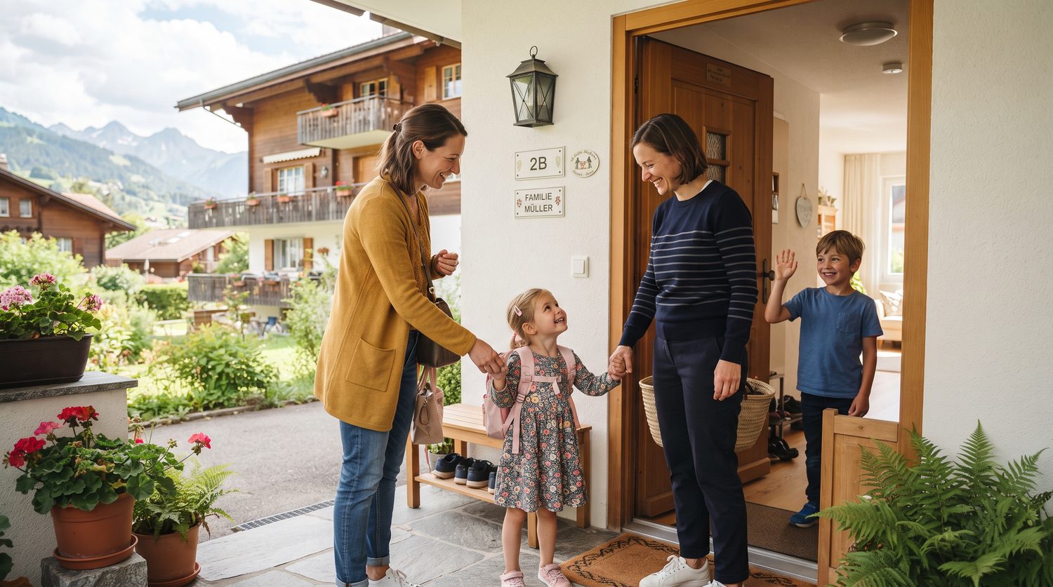 Deux mères se saluent sur le pas de la porte pendant que leur enfant est confié en toute confiance