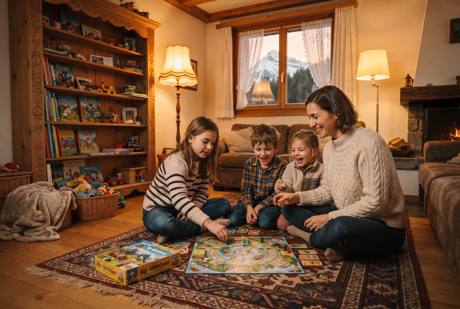Un parent joue à un jeu de société avec trois enfants au salon