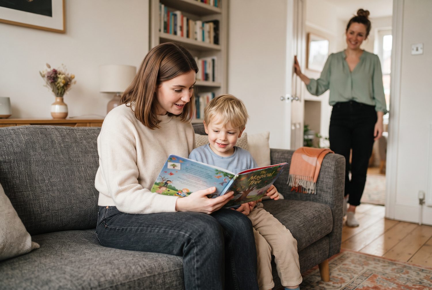 Une babysitter lit un livre d'images à un petit garçon pendant que sa maman les regarde depuis la porte
